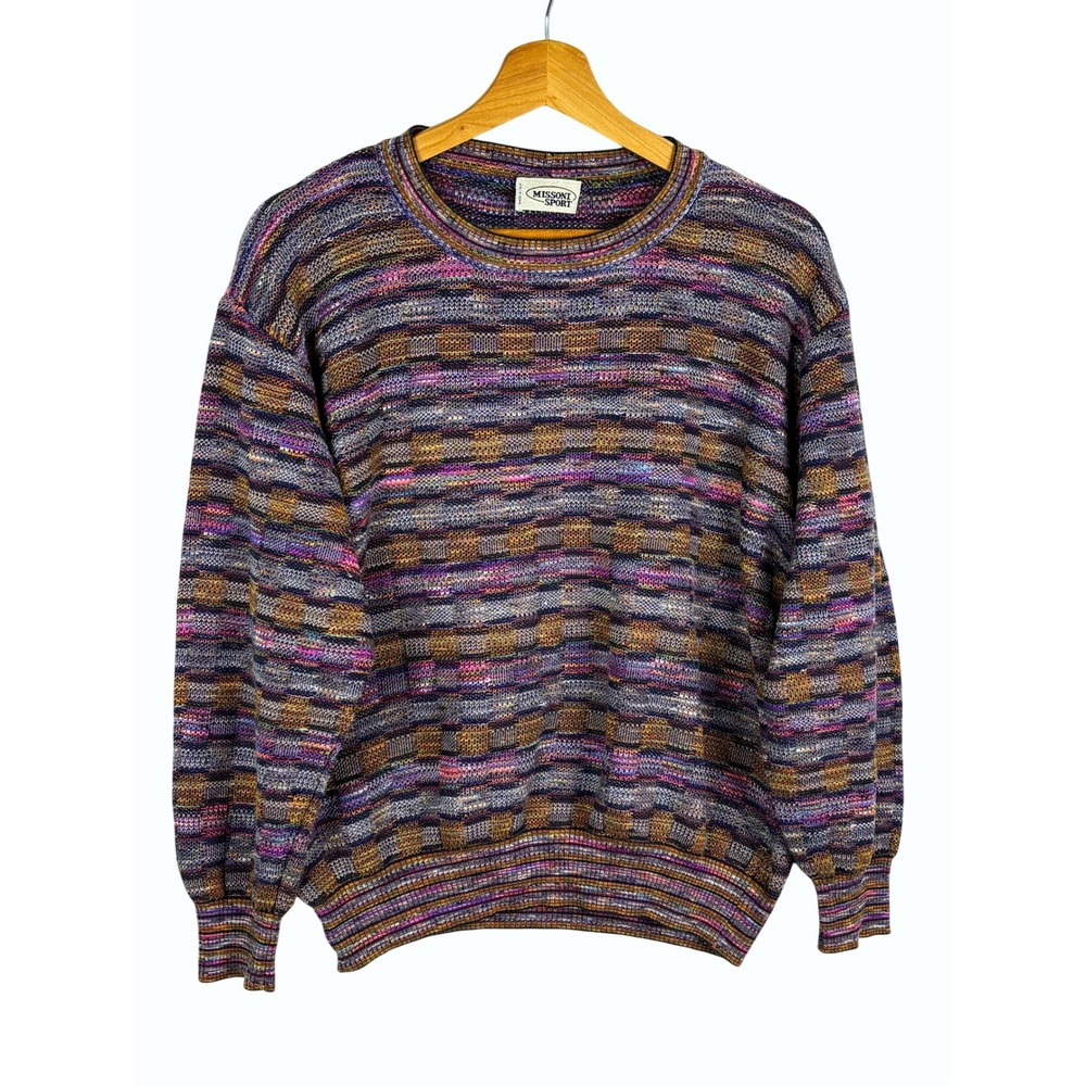 Missoni Sport Mens VTG Geometric Knit Sweater Italy Crew Neck M/L Retro Artistic